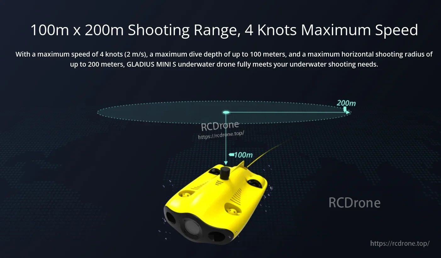 Chasing GLADIUS MINI S Underwater Drone, The GLADIUS MINI S underwater drone reaches 100m depth, 200m range, and 4 knots speed, perfect for underwater photography and exploration.