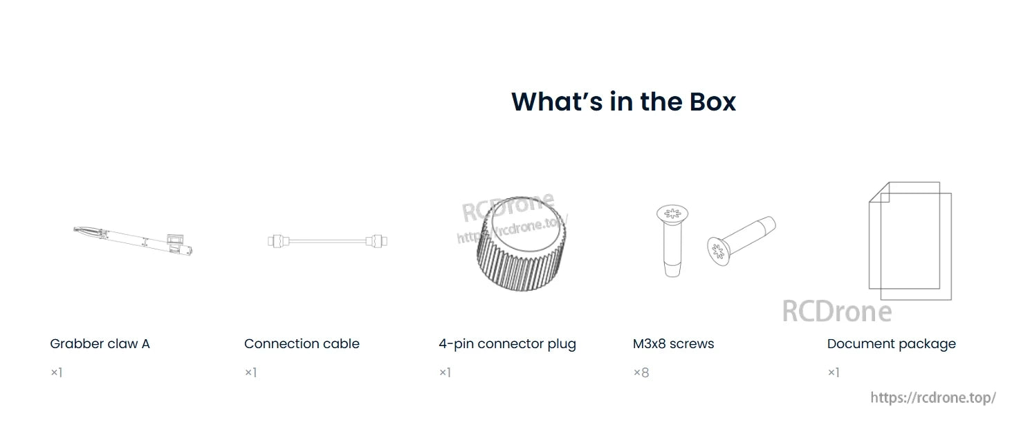 CHASING M2 ROV Gripper, The CHASING Grabber Claw A includes a Two-Jaw Underwater Gripper, connection cable, 4-pin connector plug, and M3x8 screws.