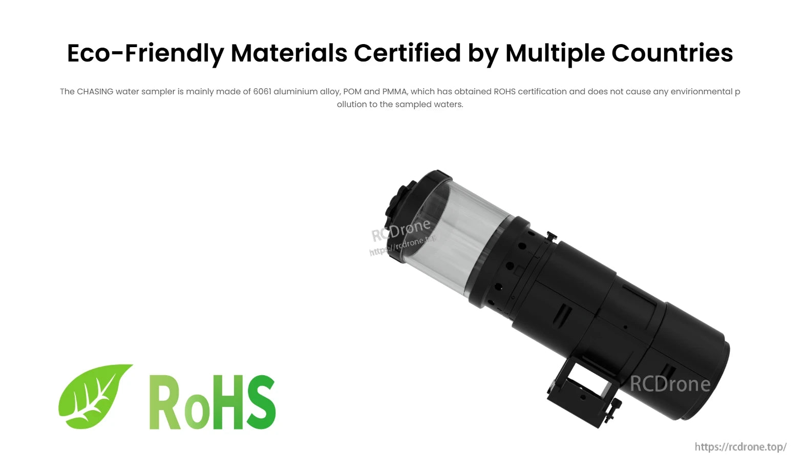 CHASING M2 Pro Water Sampler, The CHASING water sampler is eco-friendly, made of 6061 aluminum, POM, and PMMA, RoHS certified, ensuring no environmental pollution.