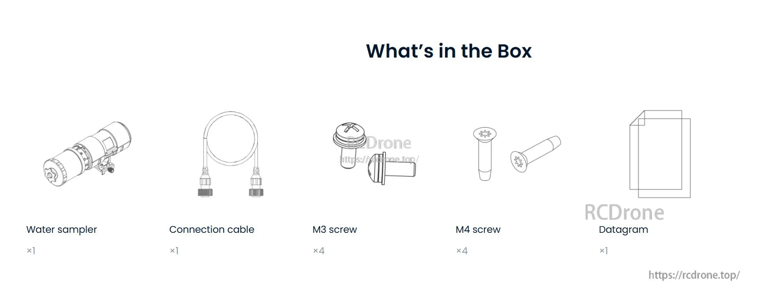CHASING M2 Pro Water Sampler, Box includes water sampler, connection cable, four M3 screws, four M4 screws, and datagram.