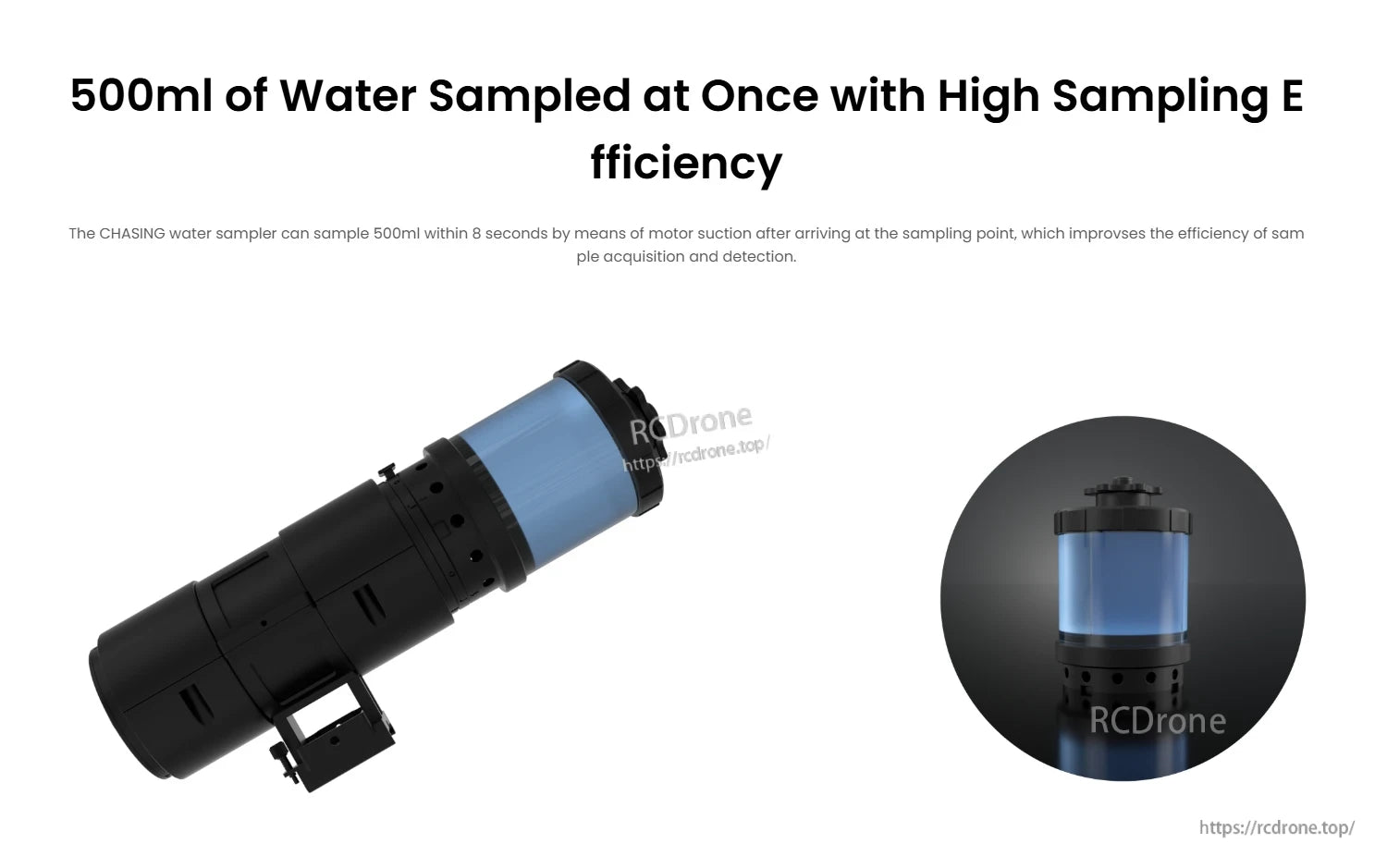 The CHASING M2 Pro water sampler collects 500ml in 8 seconds using motor suction, significantly improving efficiency for quick water analysis.