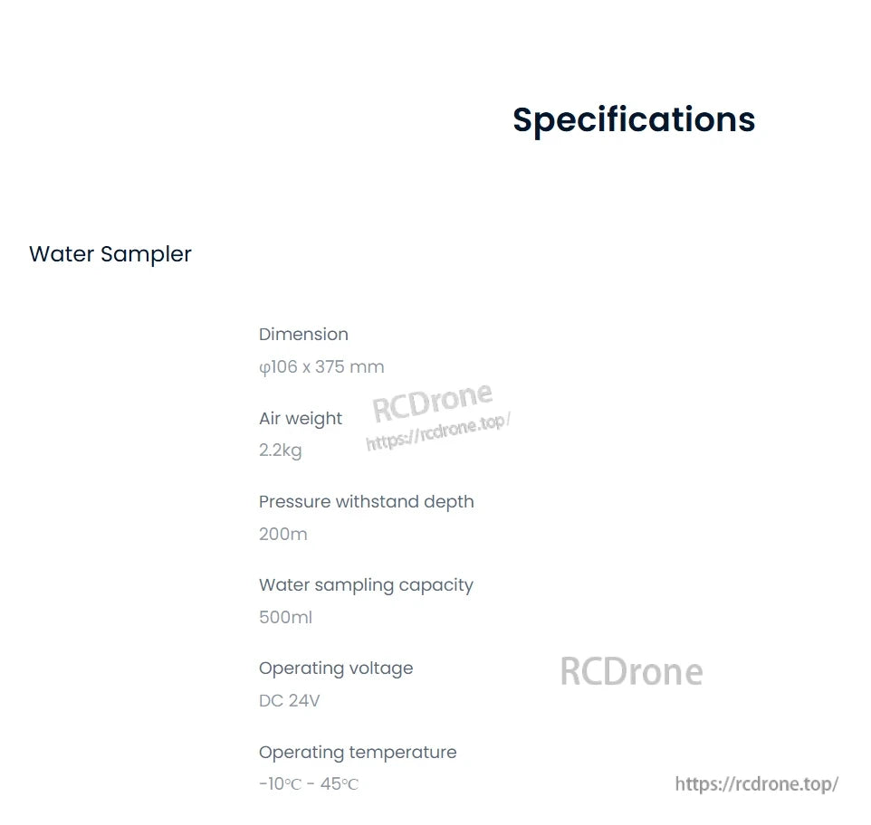 CHASING M2 Pro Water Sampler, Water sampler: 106x375mm, 2.2kg, 500ml capacity, withstands -10°C to 45°C, operates at 24V DC, suitable for depths up to 200m.