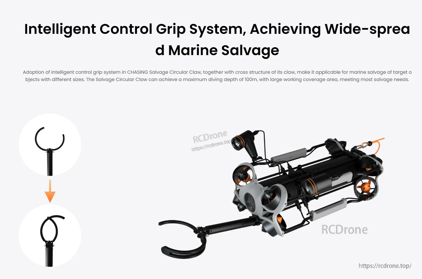 CHASING Salvage Claw, Intelligent Control Grip System: Marine Salvage Adoption uses intelligent control and cross-structured claw for salvaging objects of various sizes.