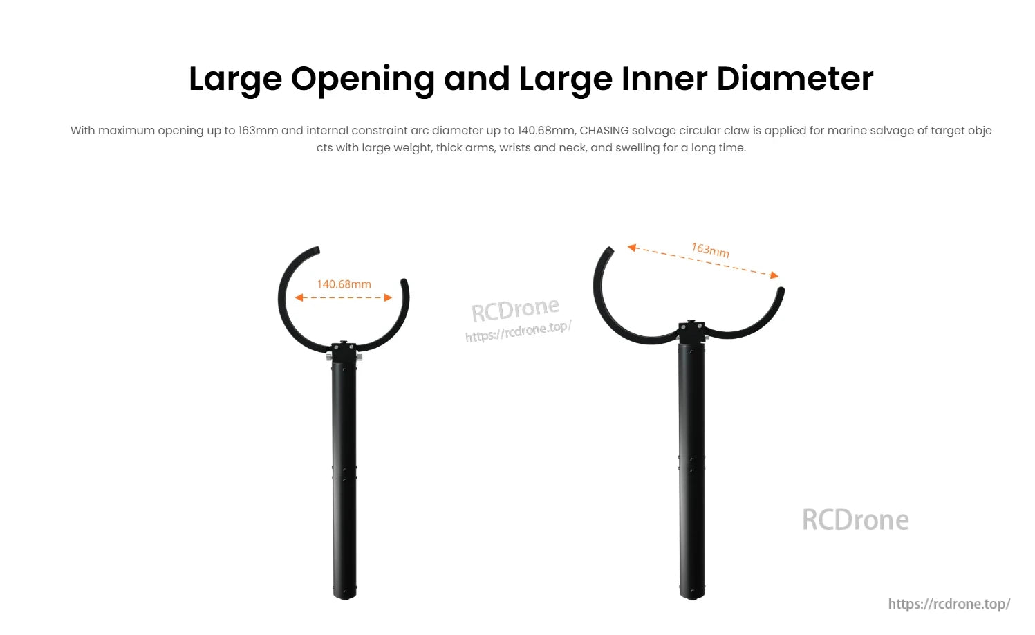 CHASING Salvage Claw, Salvage claw with 163mm max opening and 140.68mm inner diameter, ideal for marine recovery of heavy, thick, or swollen objects.