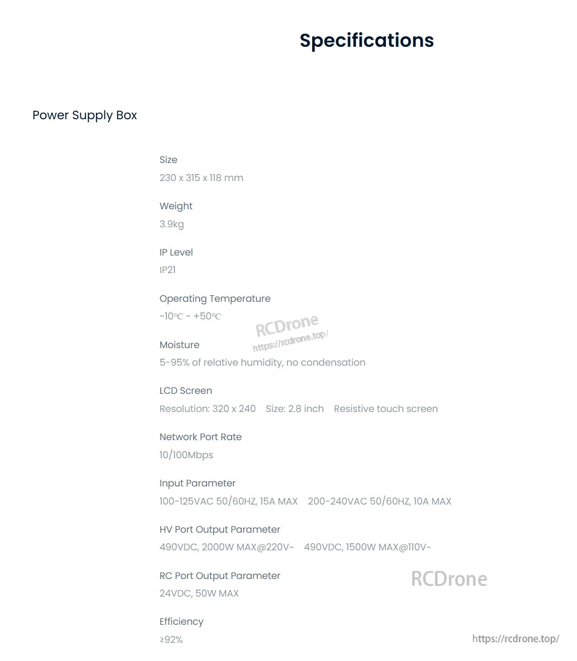 CHASING Shore-based Power Supply, Compact 3.9kg power supply box (230x315x118 mm, IP21) with touch LCD, 100-240VAC input, 490VDC/24VDC outputs, 10/100Mbps network, 92%+ efficiency, operating -10°C to +50°C, 5-95% humidity.