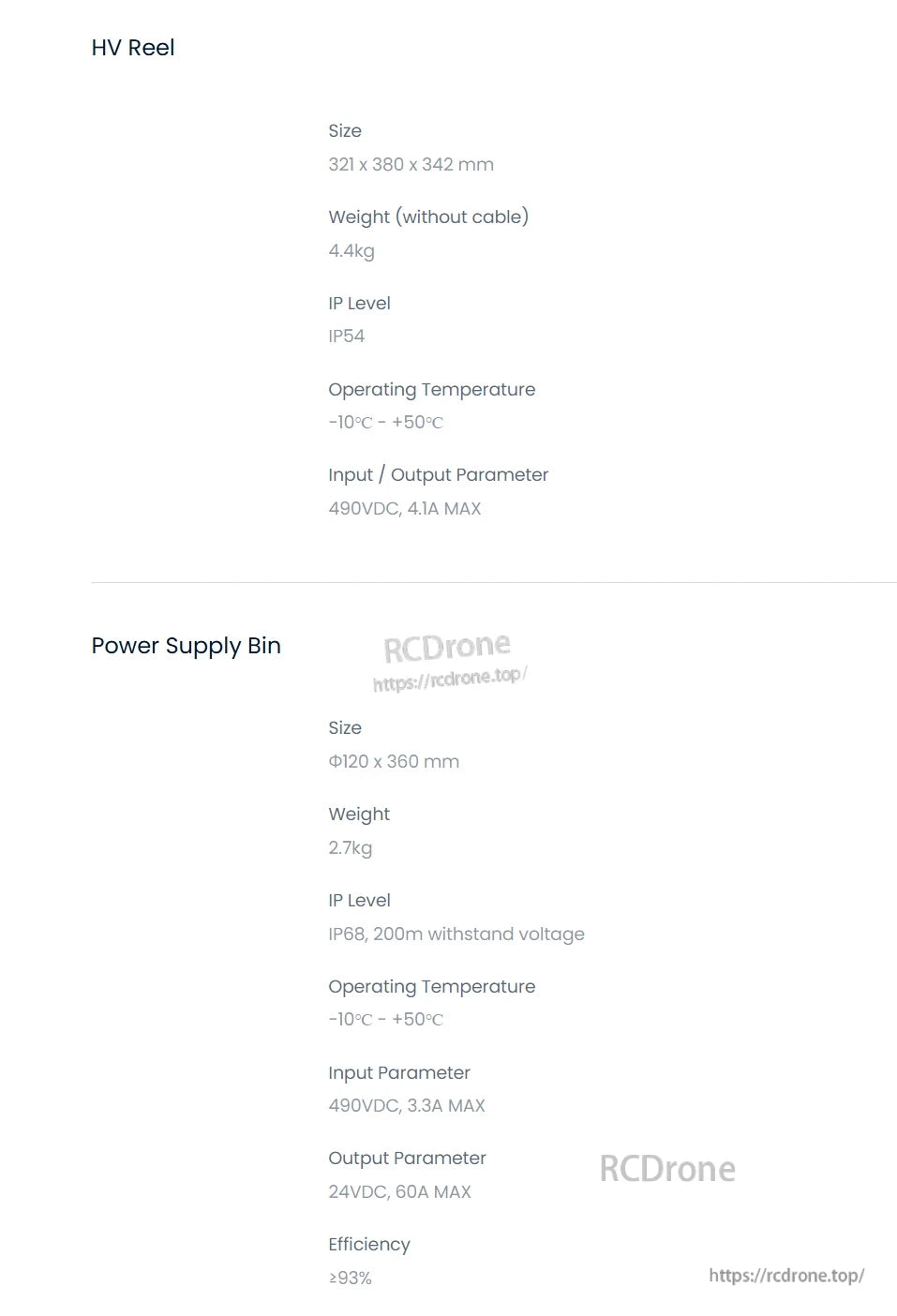 CHASING Shore-based Power Supply, HV Reel: 321x380x342 mm, 4.4kg, IP54, -10°C to +50°C, 490VDC, 4.1A max. Power Supply Bin: Φ120x360 mm, 2.7kg, IP68, same temp, 490VDC/3.3A in, 24VDC/60A out, ≥93% efficiency.