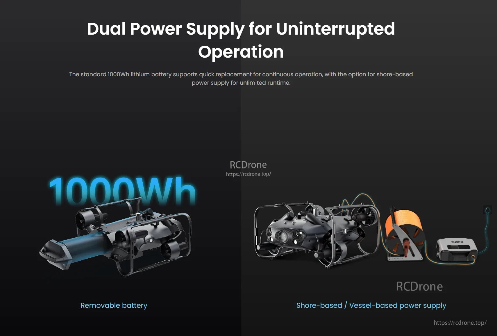 CHASING X Underwater ROV – 350 m Deep-Sea Drone, Dual power supply allows continuous operation via 1000Wh removable battery or shore/vessel power, ensuring uninterrupted performance.
