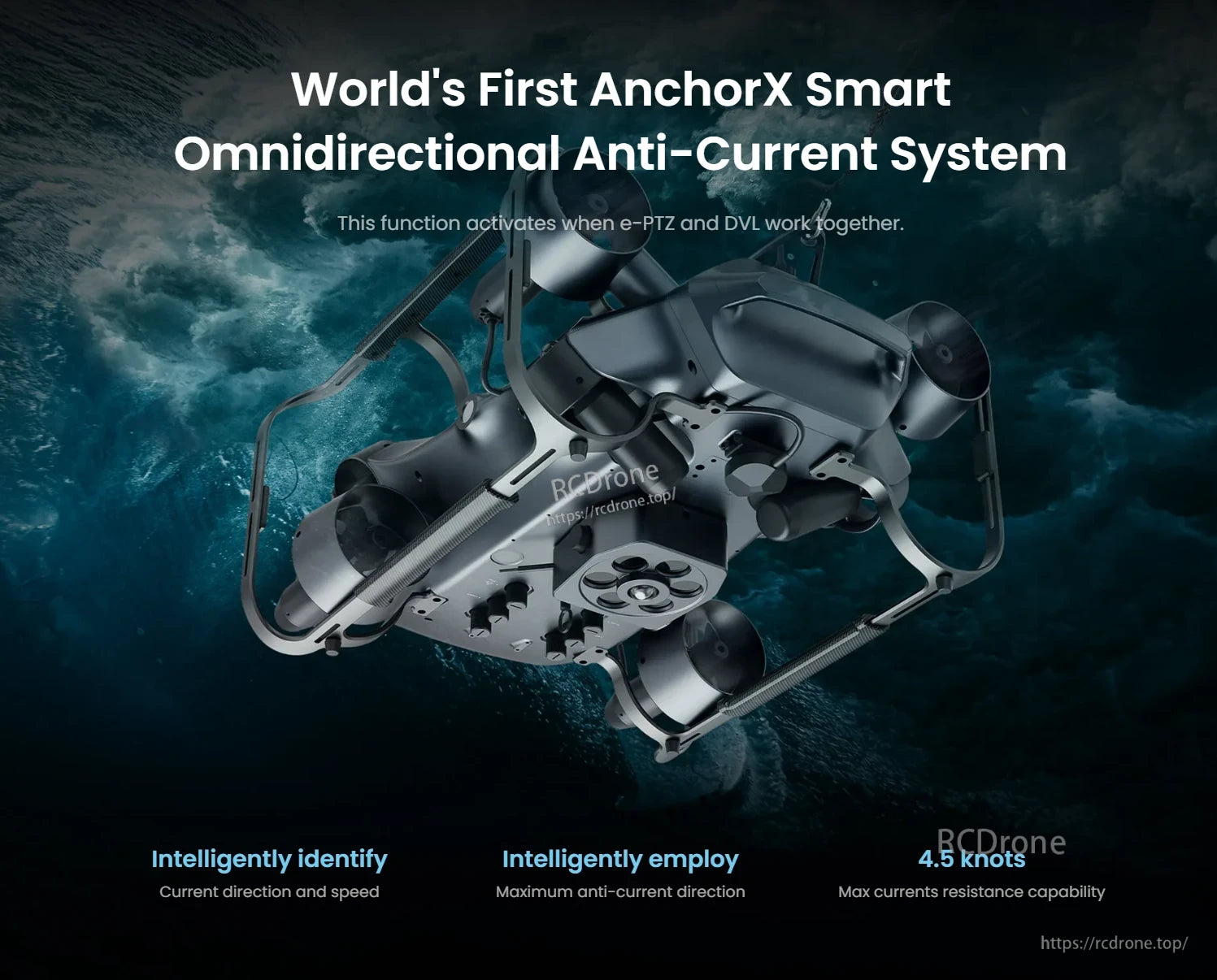 CHASING X Underwater ROV – 350 m Deep-Sea Drone, The AnchorX system is the world’s first smart omnidirectional anti-current solution, automatically detecting and resisting currents up to 4.5 knots.