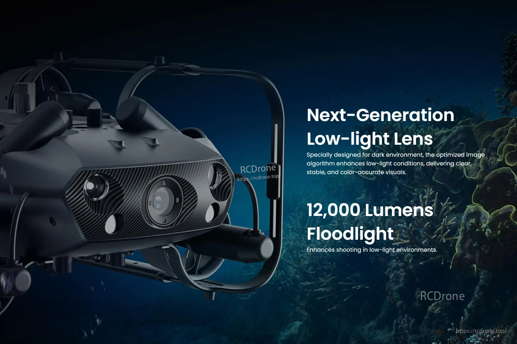 CHASING X Underwater ROV – 350 m Deep-Sea Drone, Next-Gen low-light lens with 12,000-lumen floodlight ensures clear, stable, color-accurate visuals in darkness.