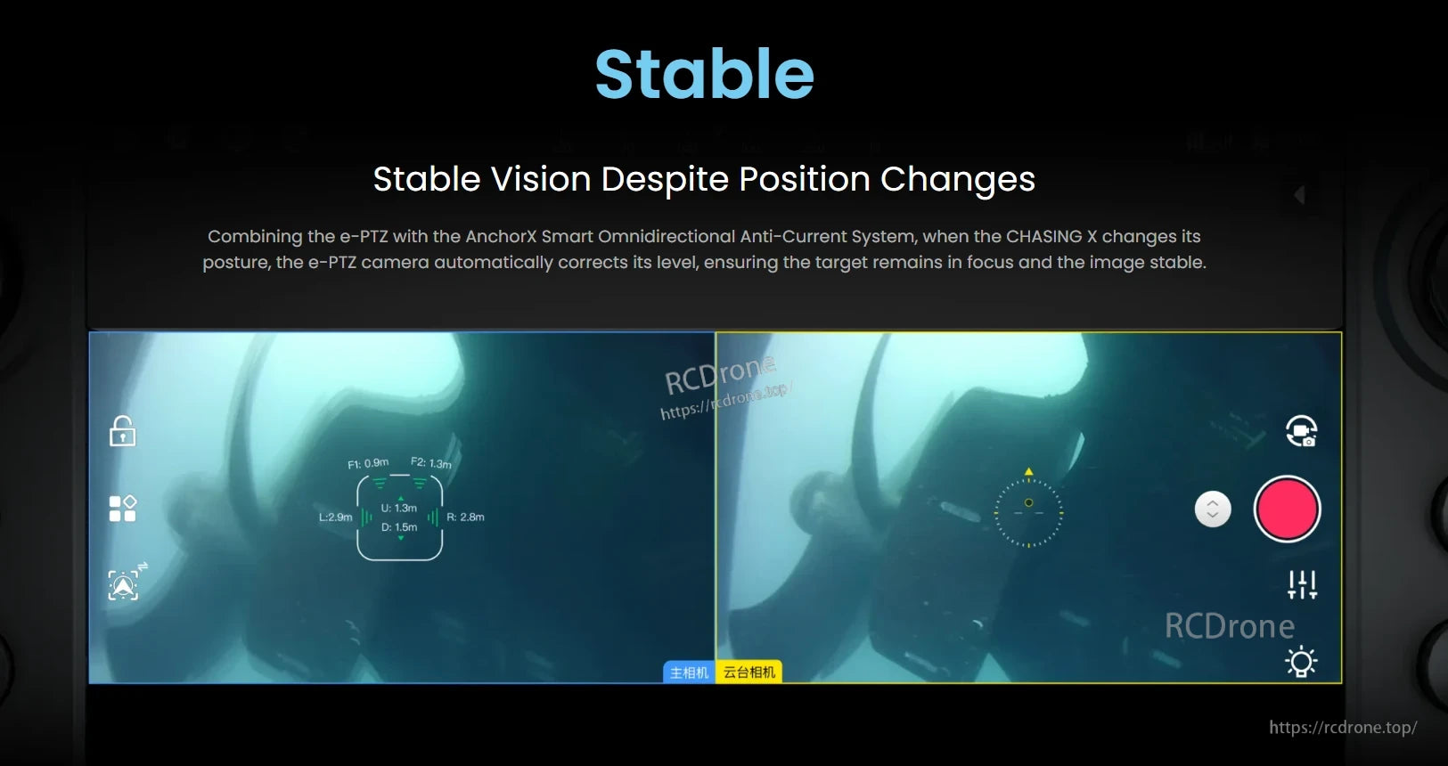 CHASING X Underwater ROV – 350 m Deep-Sea Drone, CHASING X’s e-PTZ camera stabilizes automatically during posture changes, maintaining focus and stability with depth readings and intuitive controls for smooth underwater tracking.