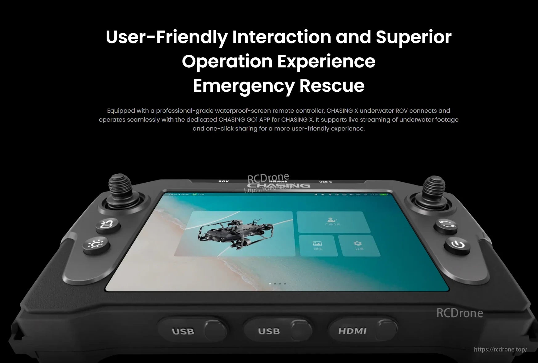 CHASING X Underwater ROV – 350 m Deep-Sea Drone, An underwater ROV with a waterproof screen enables live streaming, one-click sharing, and app connectivity for intuitive control and real-time data in emergency rescues. (24 words)