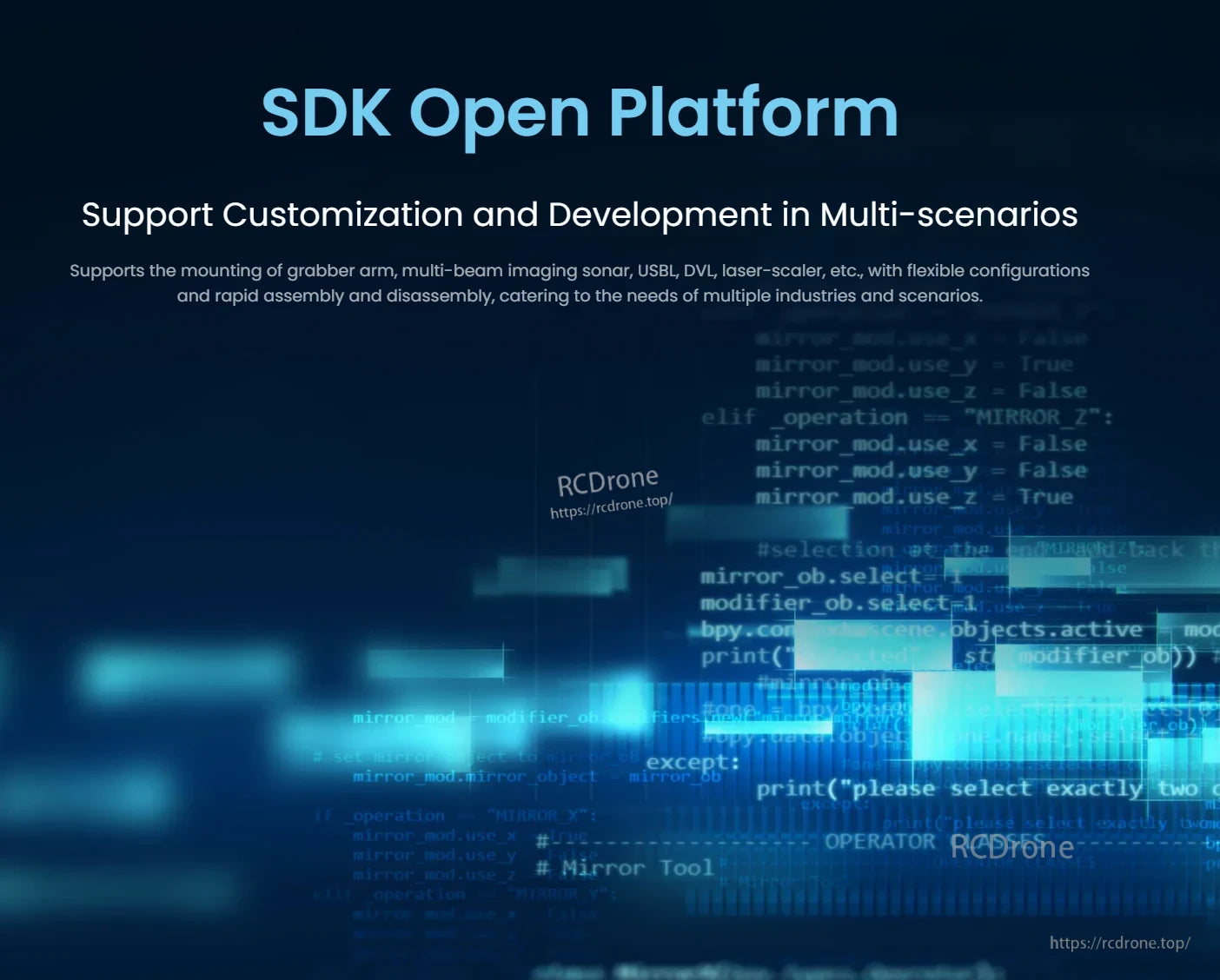 CHASING X Underwater ROV – 350 m Deep-Sea Drone, SDK Open Platform enables rapid, flexible integration of various tools like sonar and grabber arms for diverse industrial drone applications.
