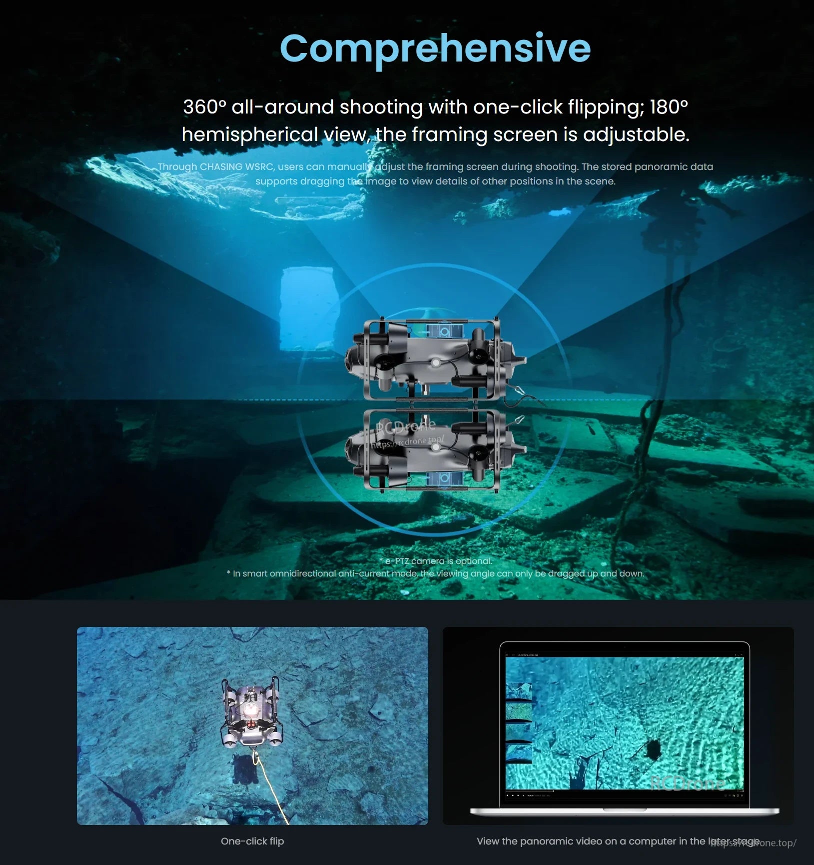 CHASING X Underwater ROV – 350 m Deep-Sea Drone, 360° shooting, 180° view, adjustable framing, e-PTZ option, smart anti-current mode, deep-sea capable to 350m, panoramic review on computer.