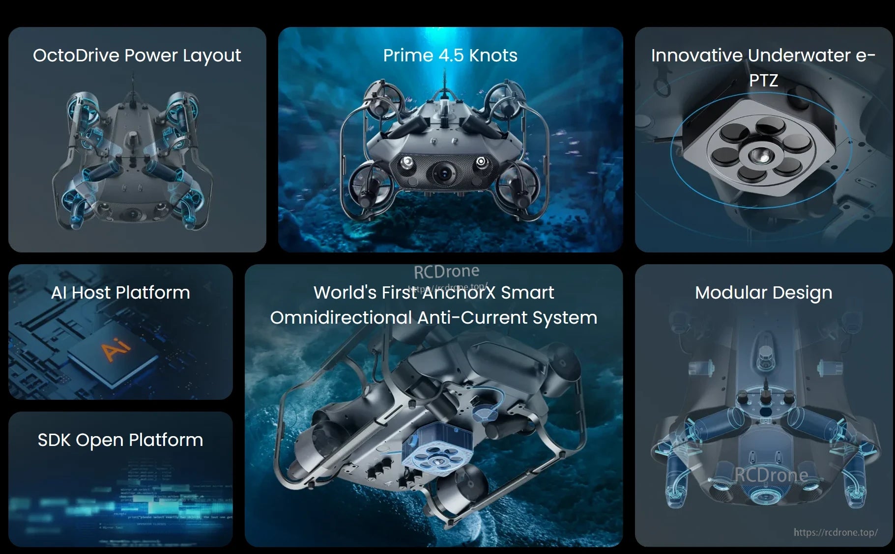 CHASING X Underwater ROV – 350 m Deep-Sea Drone, OctoDrive features 4.5-knot speed, e-PTZ, AI, anti-current system, modular design, and open SDK platform for versatile underwater operations.