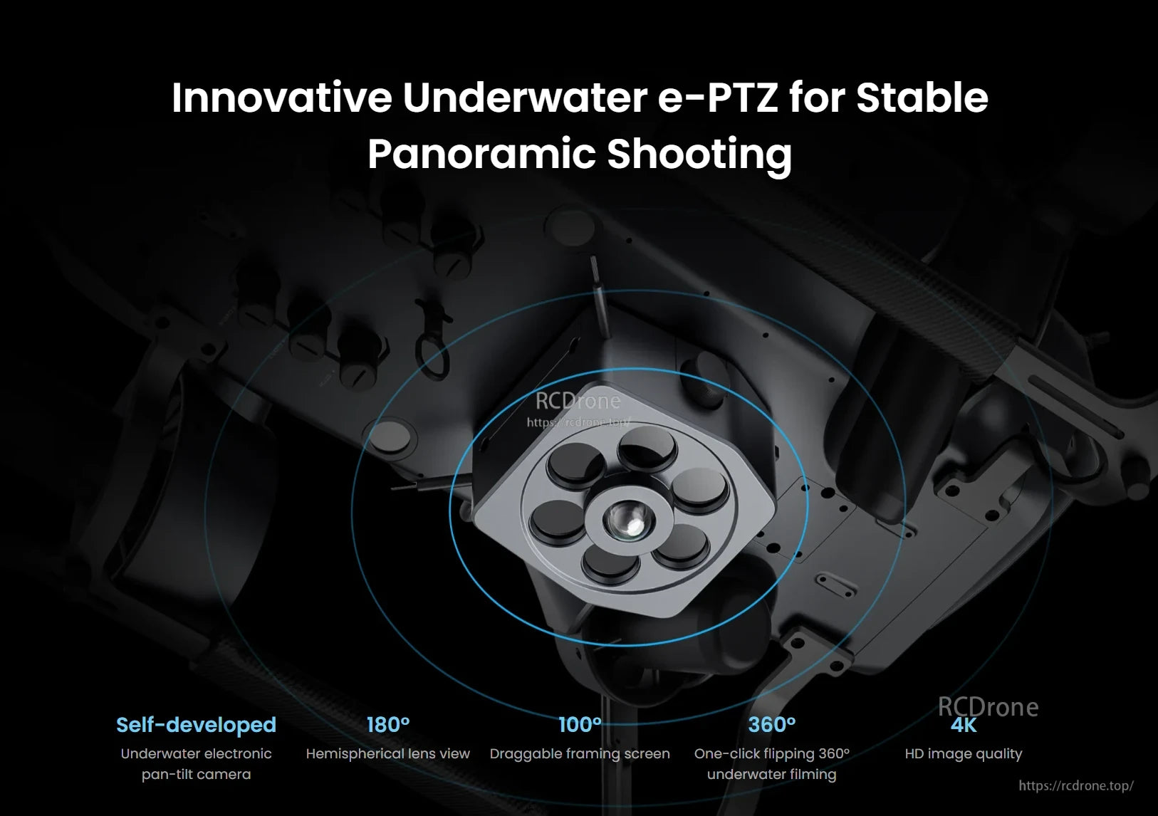 CHASING X Underwater ROV – 350 m Deep-Sea Drone, 4K HD e-PTZ allows stable 360° flipping and 180° panoramic underwater shooting via self-developed pan-tilt camera. (22 words)