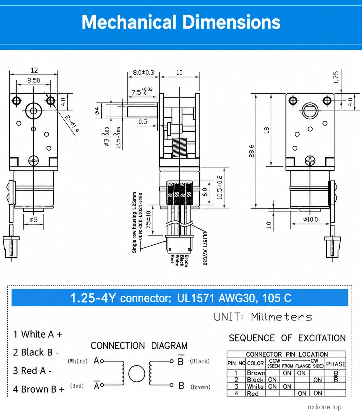 CHF-GW12T-10BY mechanical dimensions and phase wiring; shaft projection8.0+/-0.3mm