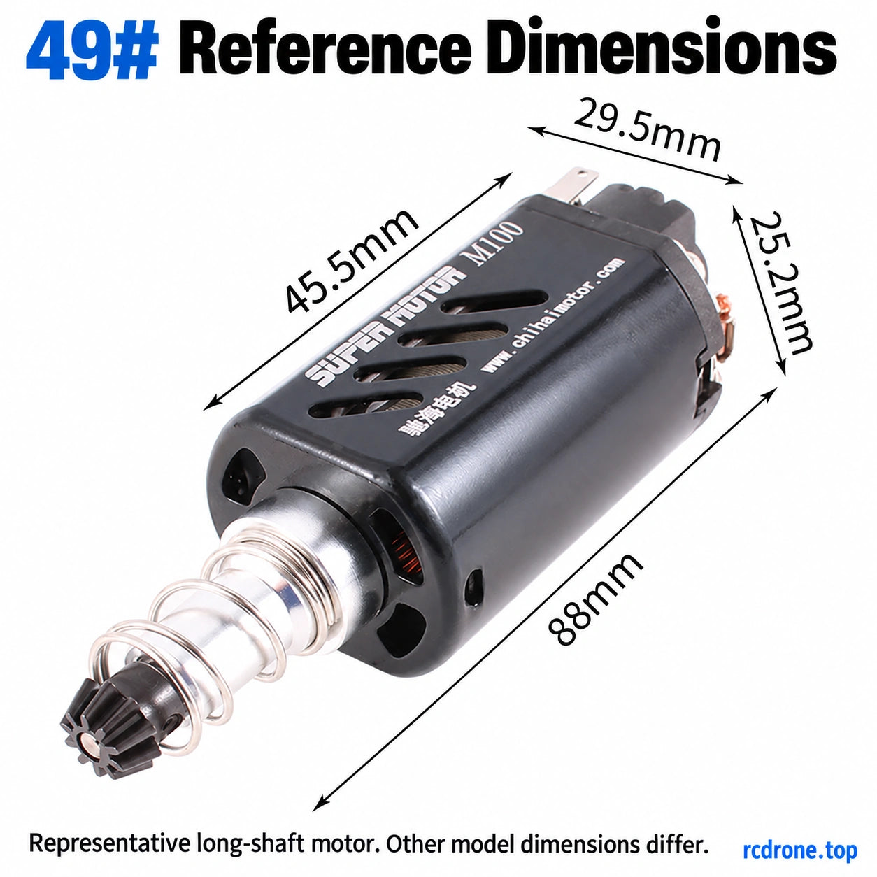 49# reference dimensions including shaft and pinion