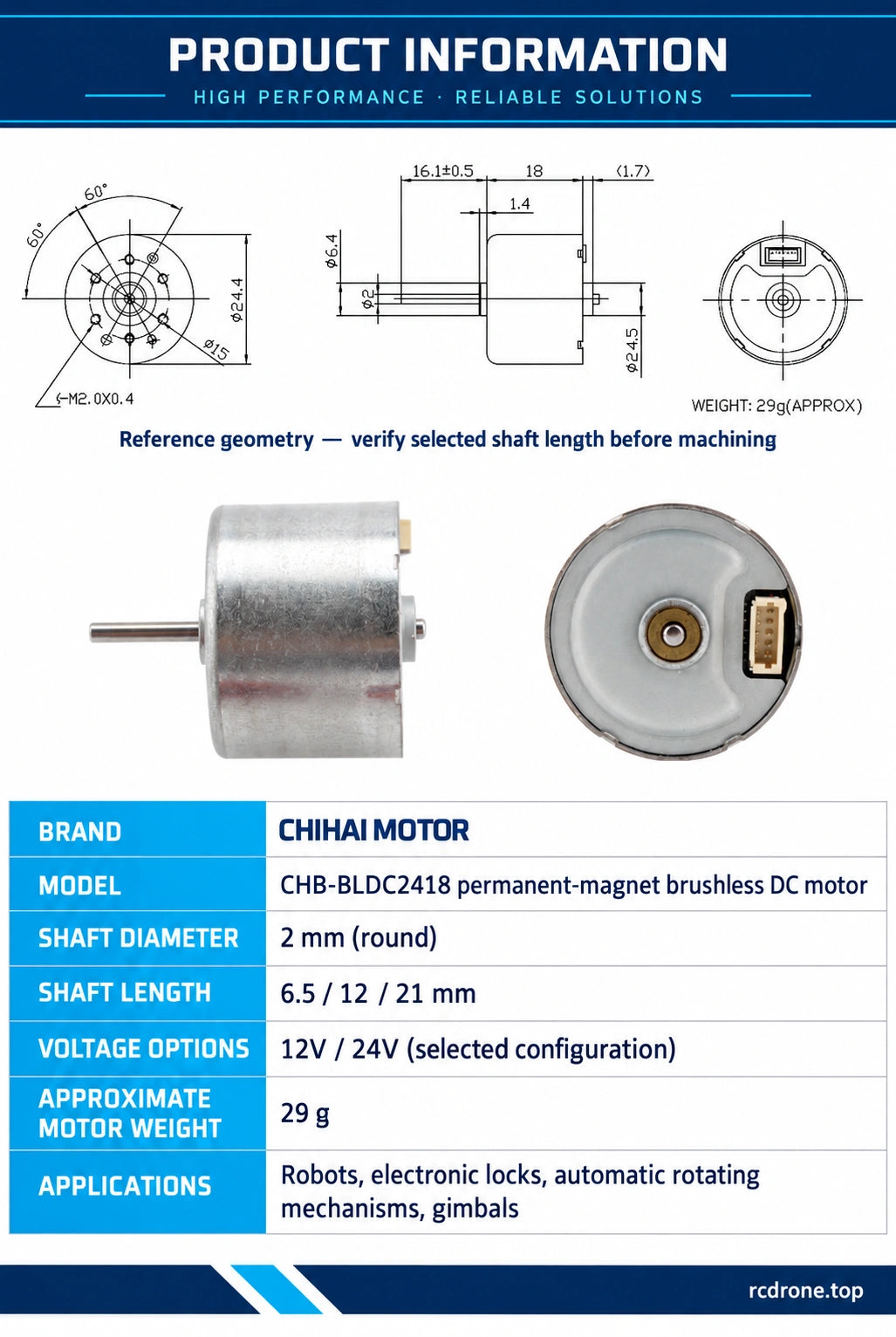 CHB-BLDC2418 reference dimensions; verify selected shaft length