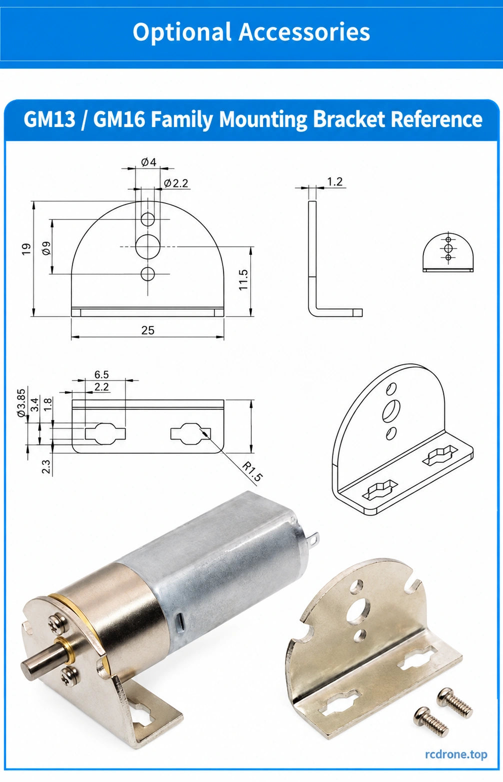 GM13/GM16 family mounting-bracket drawing and installation reference