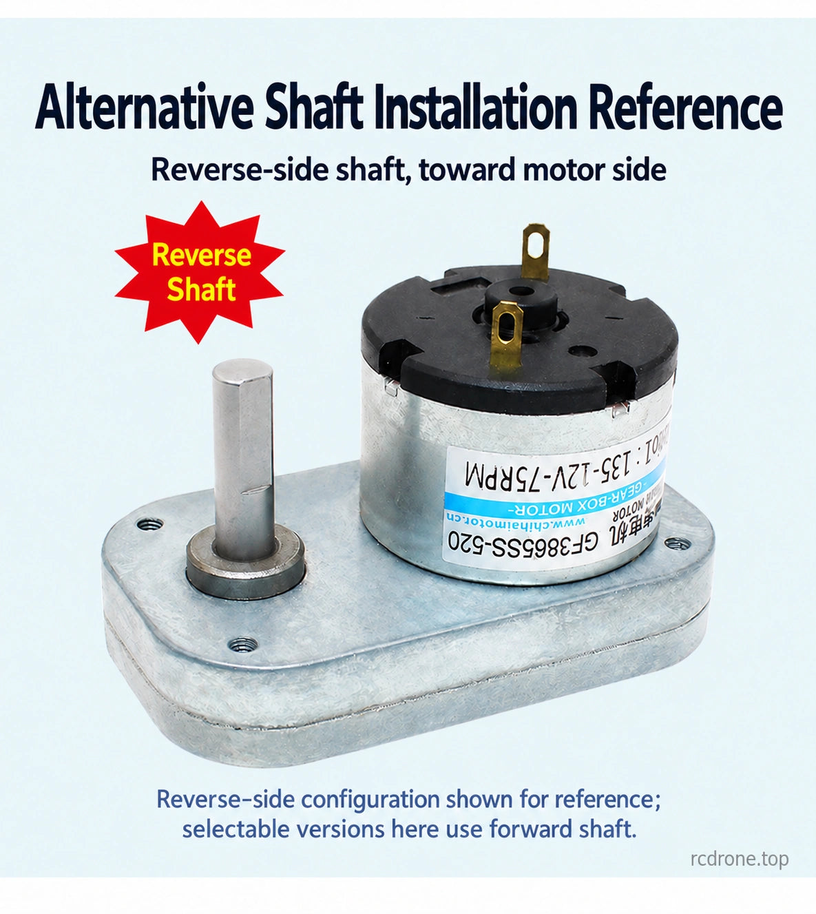 Reverse-side shaft installation reference;selectable versions use forward shaft