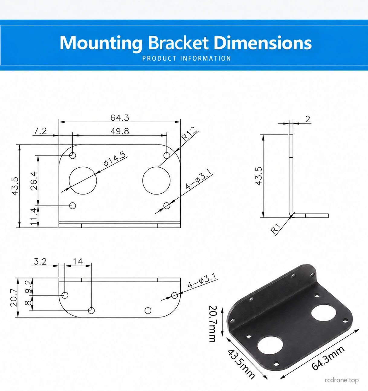 Steel mounting bracket complete dimensions