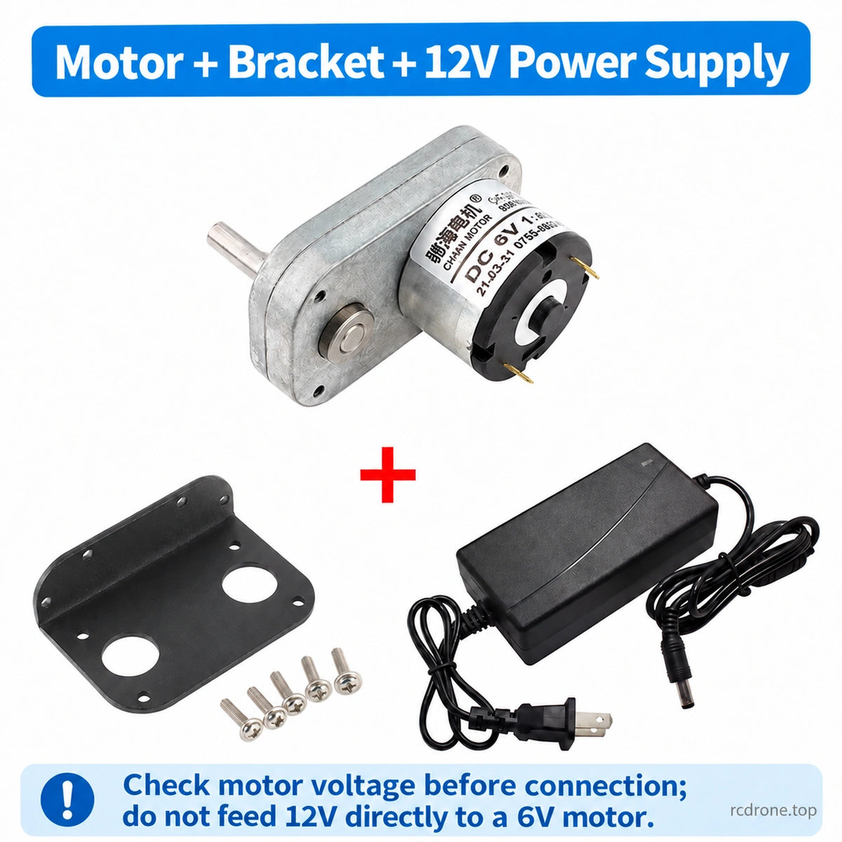 Motor + 12V Supply + Bracket package contents