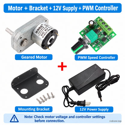 Motor + 12V Supply + PWM Controller + Bracket package contents