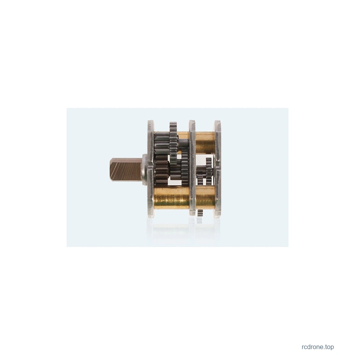 Precision-cut steel gears in open metal gearbox frame