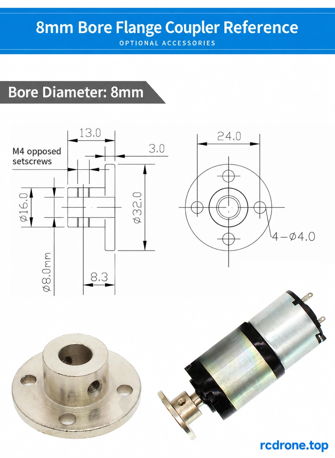 8mm flange-coupler fit reference;coupler not included