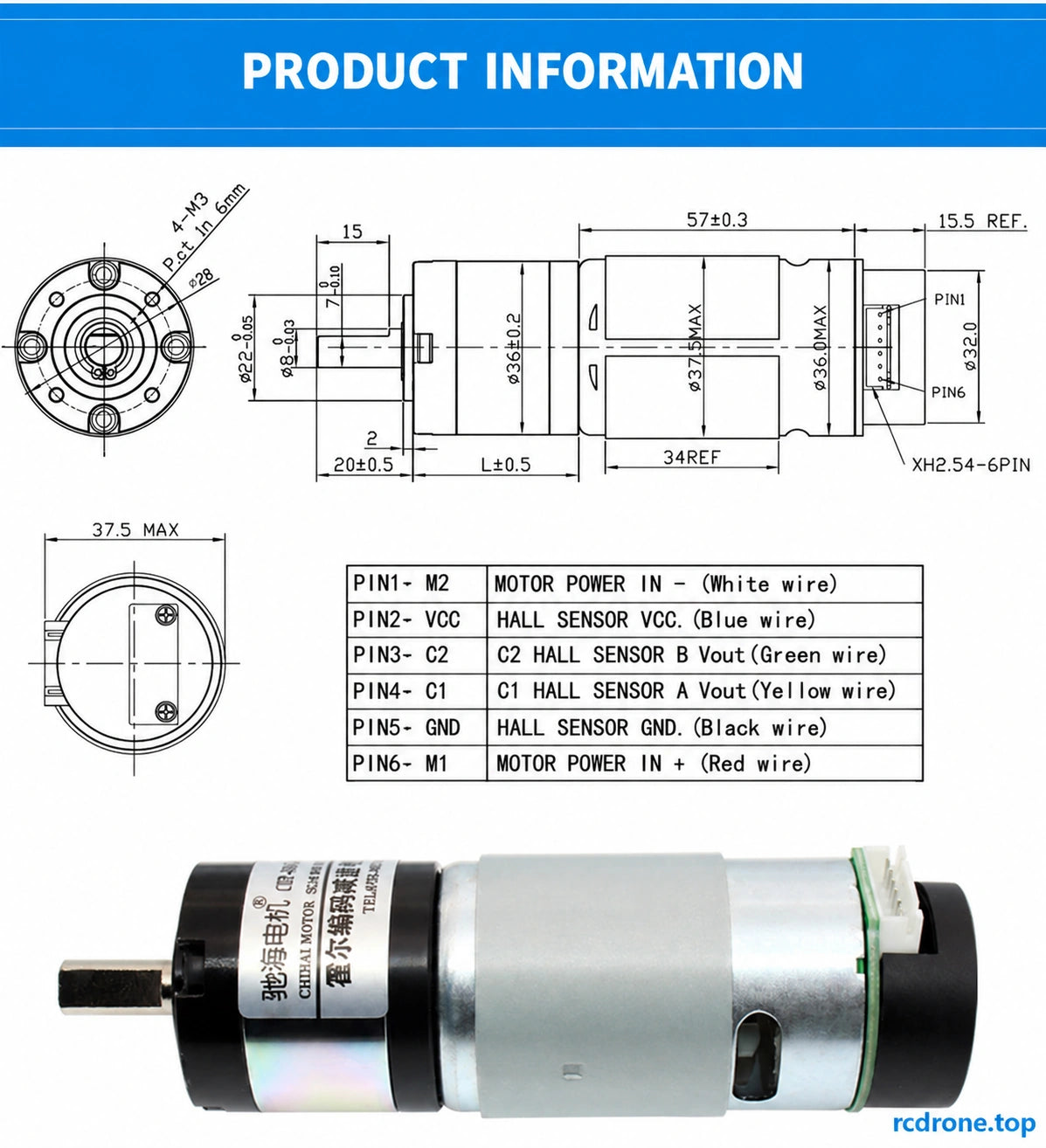 Complete encoder-motor mechanical drawing and exact six-pin color mapping