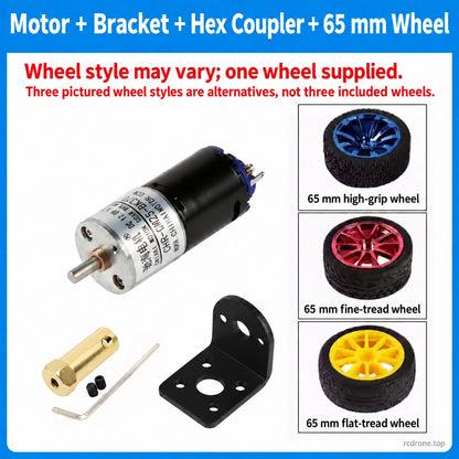Motor, bracket, hex coupler and one 65 mm wheel; pictured wheel styles are alternatives