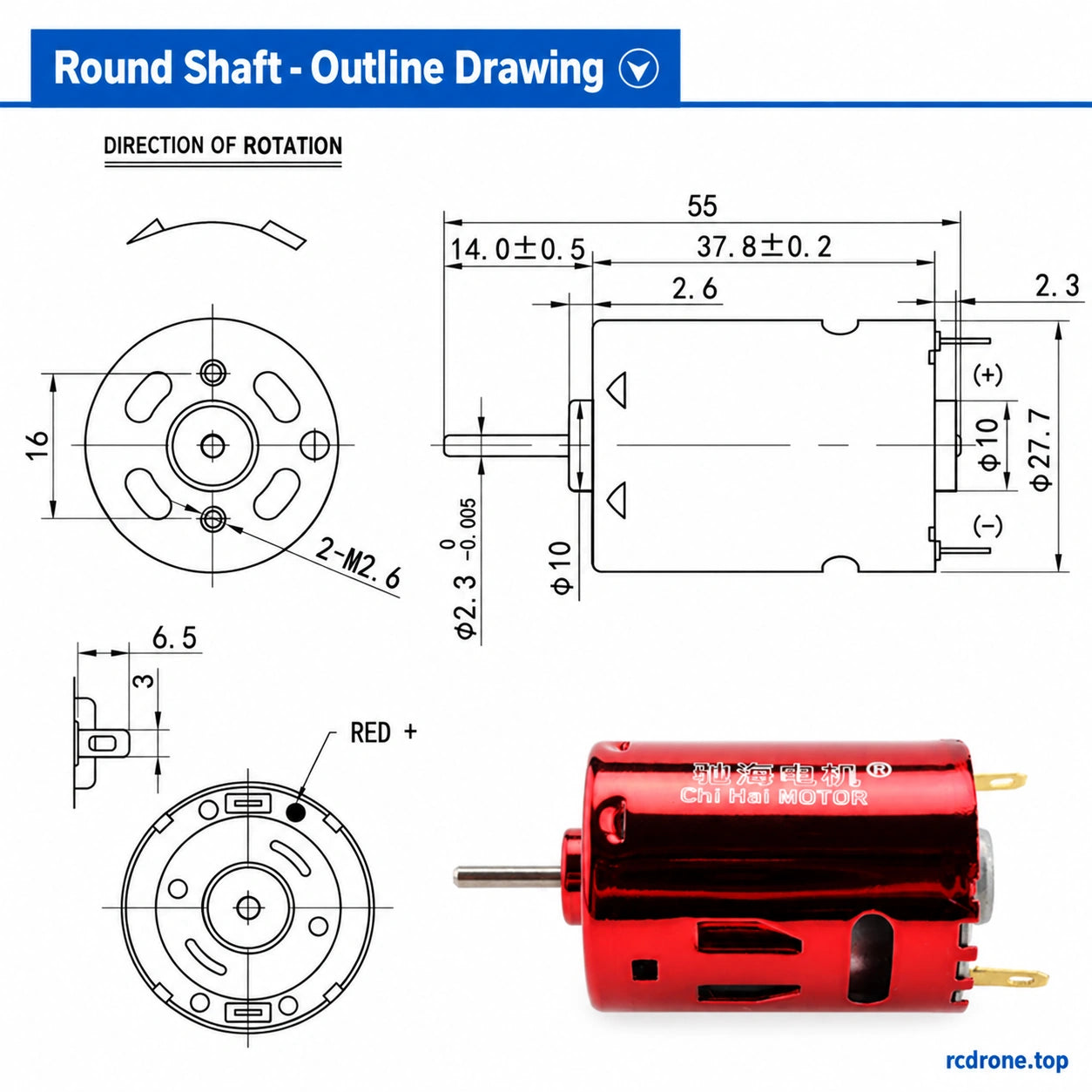 Round-shaft motor complete dimensional drawing