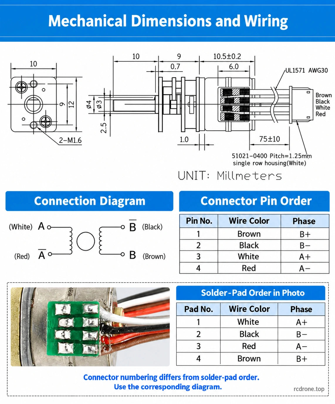 Motor dimensions, connector pins and solder-pad wiring