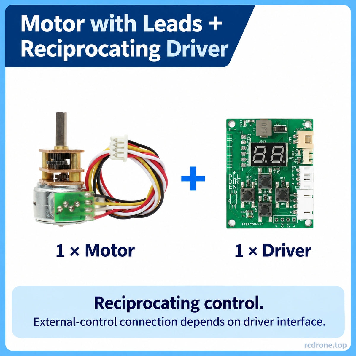 Motor with leads and button-operated reciprocating driver package