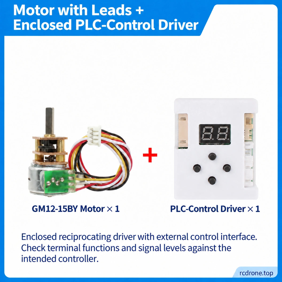 Motor with leads and enclosed PLC-control driver package