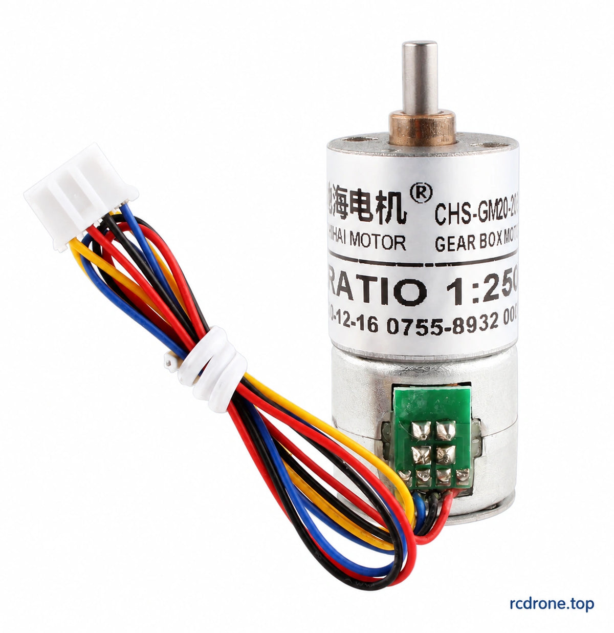 CHS-GM20-20BY upright motor view with shaft, physical label and PCB