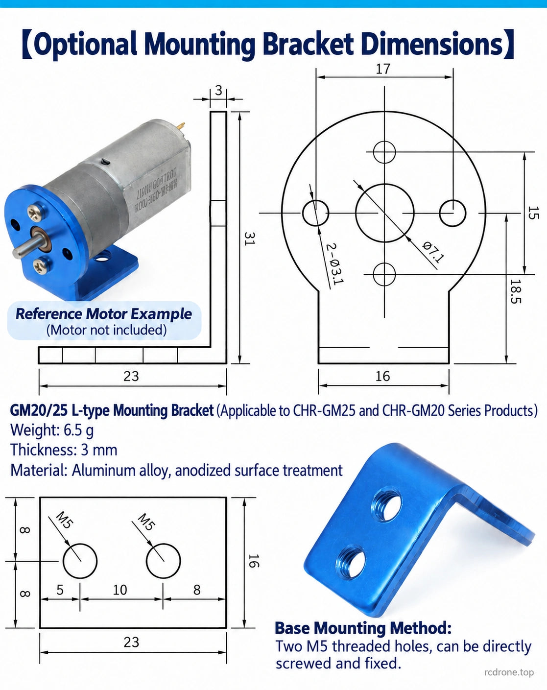 Optional anodized aluminum bracket dimensions; illustrated DC motor is a mounting example