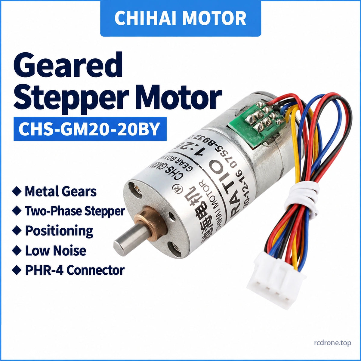 CHS-GM20-20BY geared stepper features and front-angle photograph