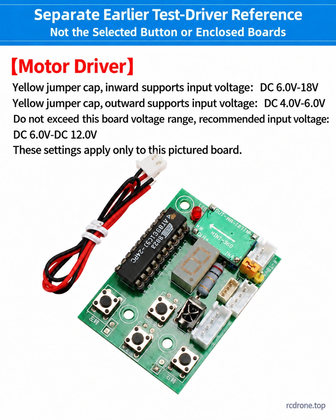 Separate earlier test-driver board,jumper ranges apply only to pictured board