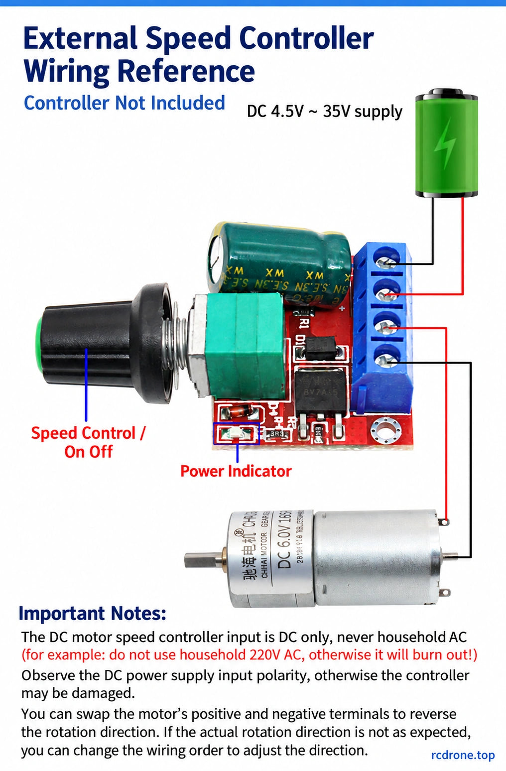 External4.5–35V DC speed-controller wiring reference;controller not included