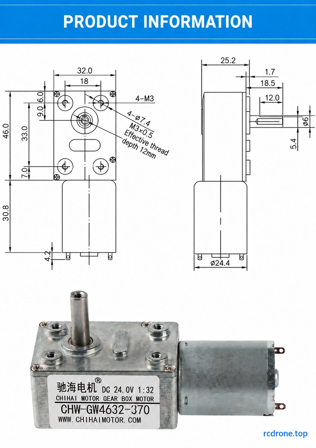 Complete motor drawing,shaft-center M3 thread and separate mounting interfaces