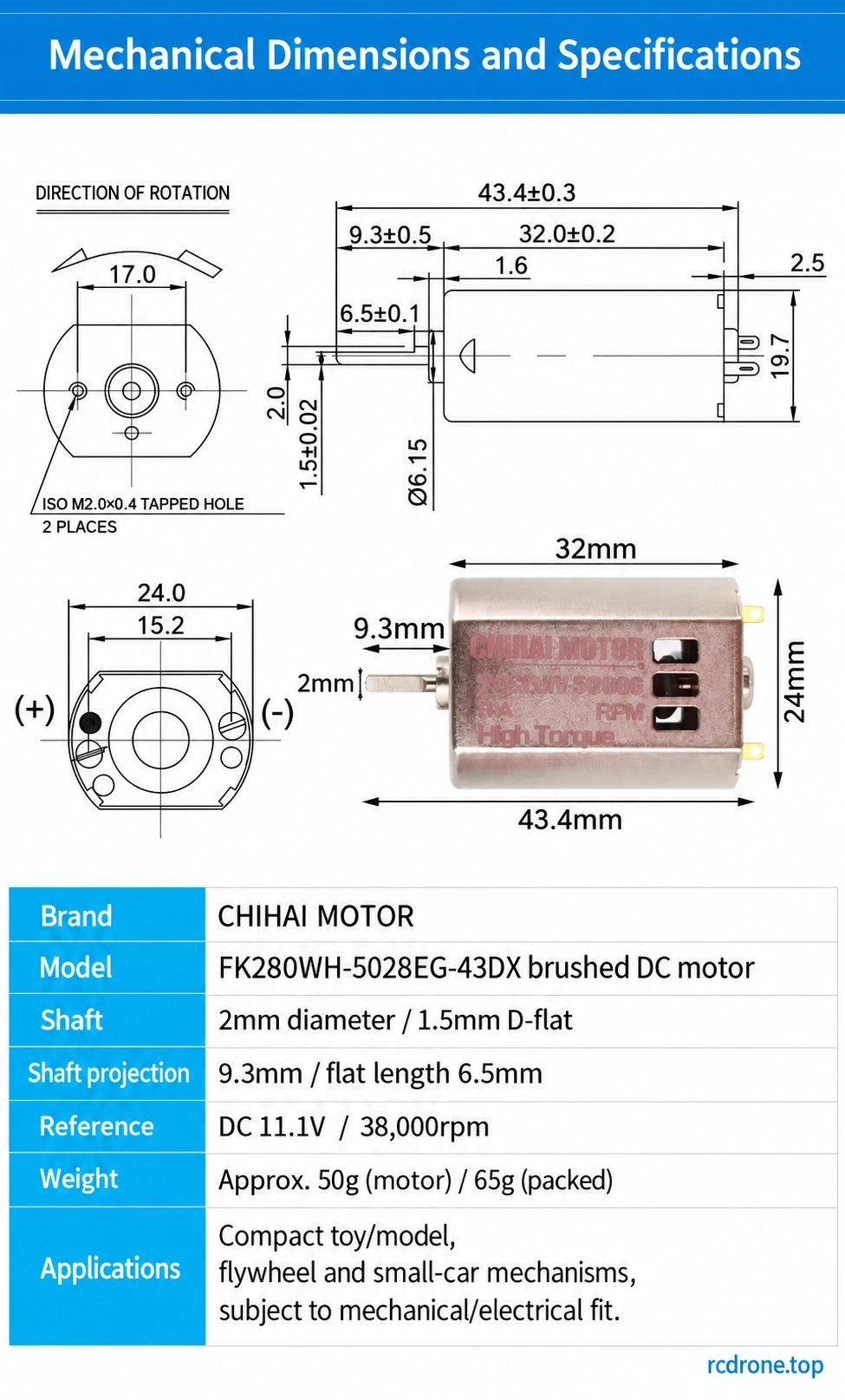 FK280WH mechanical dimensions, shaft tolerances and weight references