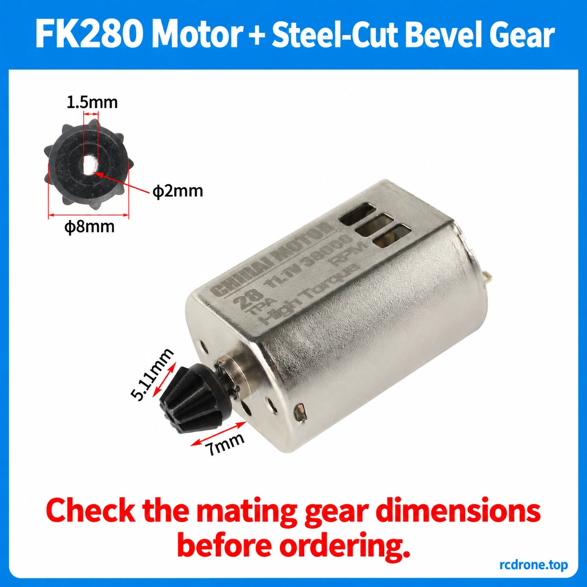 FK280 motor with steel-cut bevel gear and its dimension references