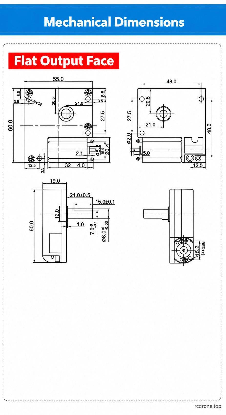 Flat output face dimensions in millimeters