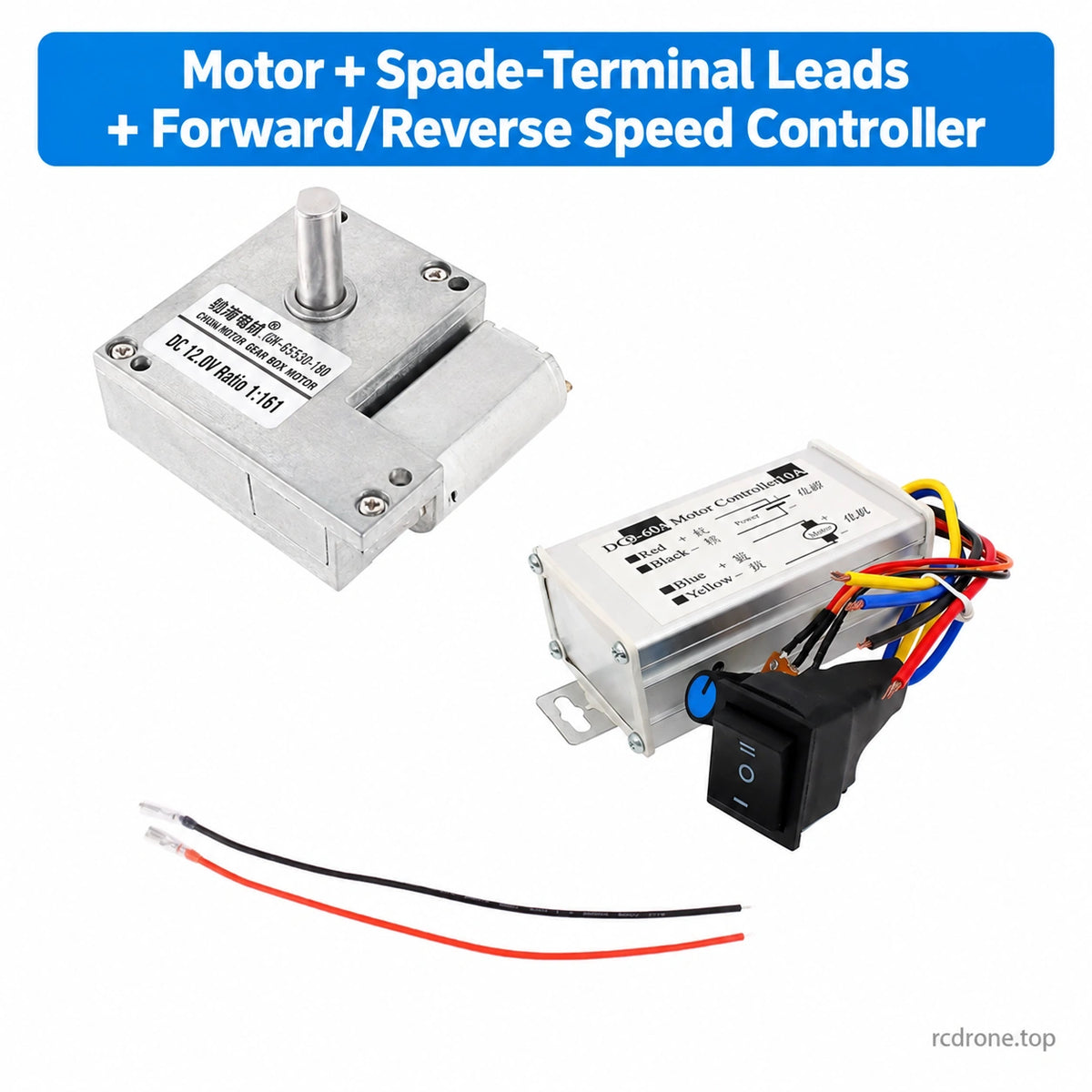 Motor with leads and forward/reverse speed controller