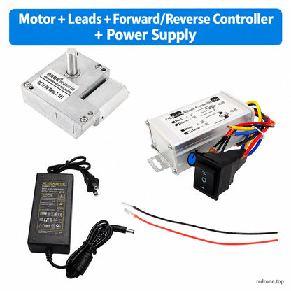 Motor with leads, forward/reverse controller and power supply