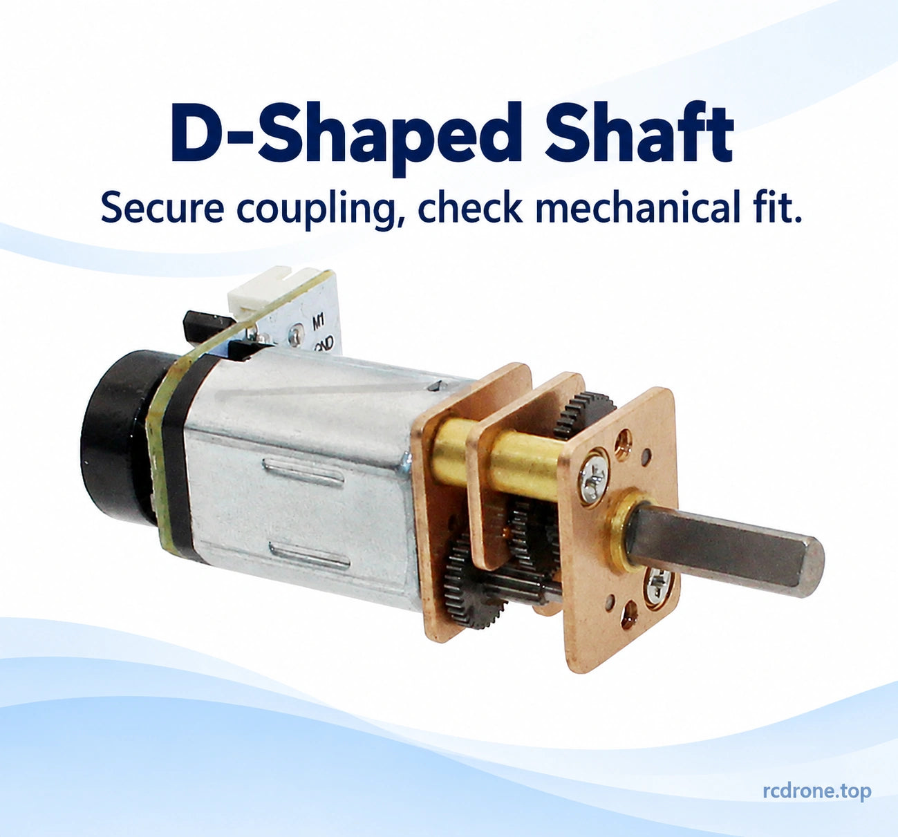D-shaped motor output shaft and compact assembly
