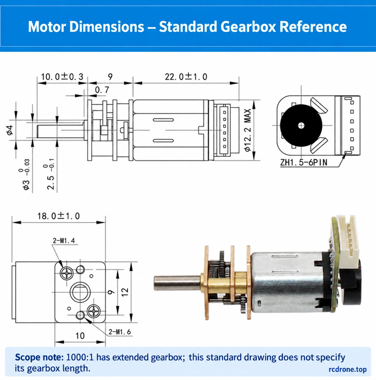 Standard gearbox dimensional drawing; 1000:1 extended gearbox length is outside this drawing
