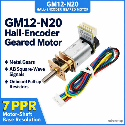 GM12-N20 Hall-encoder geared motor features and 7 PPR motor-shaft base resolution