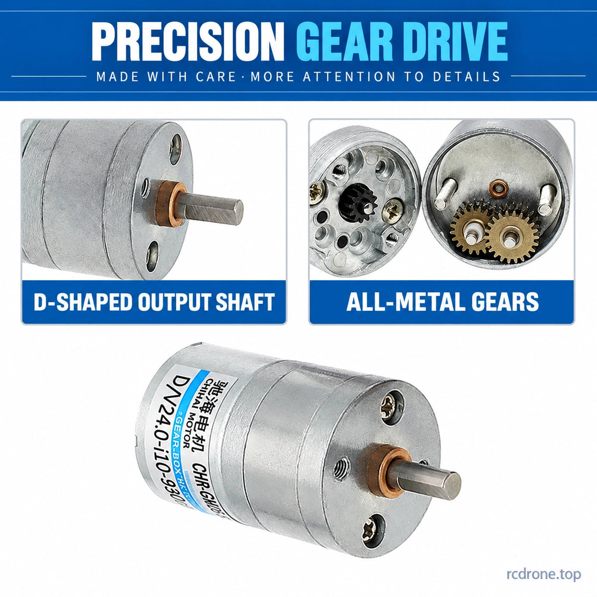 D-shaped output shaft and all-metal reduction gears